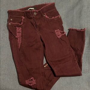 Express Red Skinny Jeans with Distressed Details